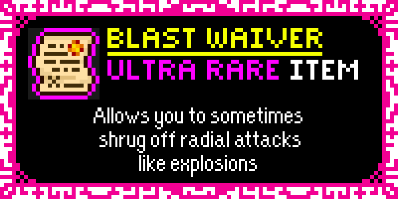 DASHPUNCH_Game's tweet photo. Quite the contrast to the previous item, the Blast Waiver is a defensive item! While it won't stop bullets or melee attacks, it declares that the occasional shockwave simply won't affect you. #DASHPUNCH #indiedev #indiegame #gamedev #gamedesign https://t.co/krjYd1pgT9