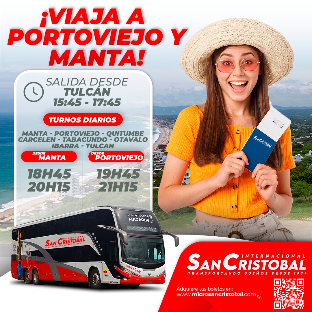 sancristobalec's tweet photo. El camino hacia la comodidad inicia con nosotros. 🚍✨ Presentamos nuestro nuevo turno hacia Portoviejo y Manta. ¡No solo viajas, vives la experiencia! https://t.co/AcD5ZQFih9