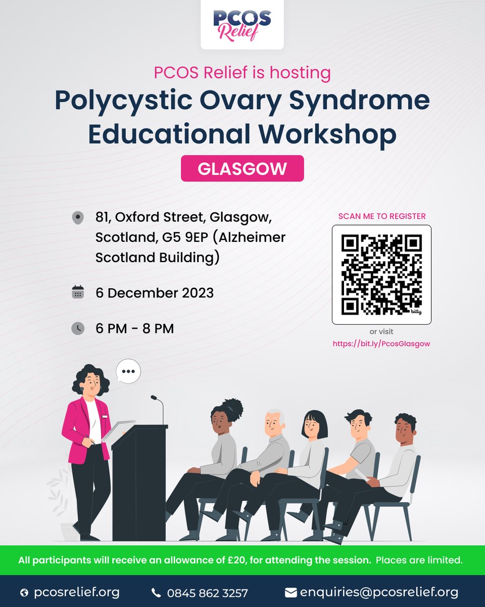 🌸 PCOS Educational Workshop - GLASGOW 🌸
📅 December 6, 2023 · 6 PM – 8 PM (GMT +1 UK Time)
📍81 Oxford Street, Glasgow, Scotland, G5 9EP (Alzheimer Scotland Building)
🔗 Register Now: bit.ly/PcosGlasgow
@SANTANUACHARYA3