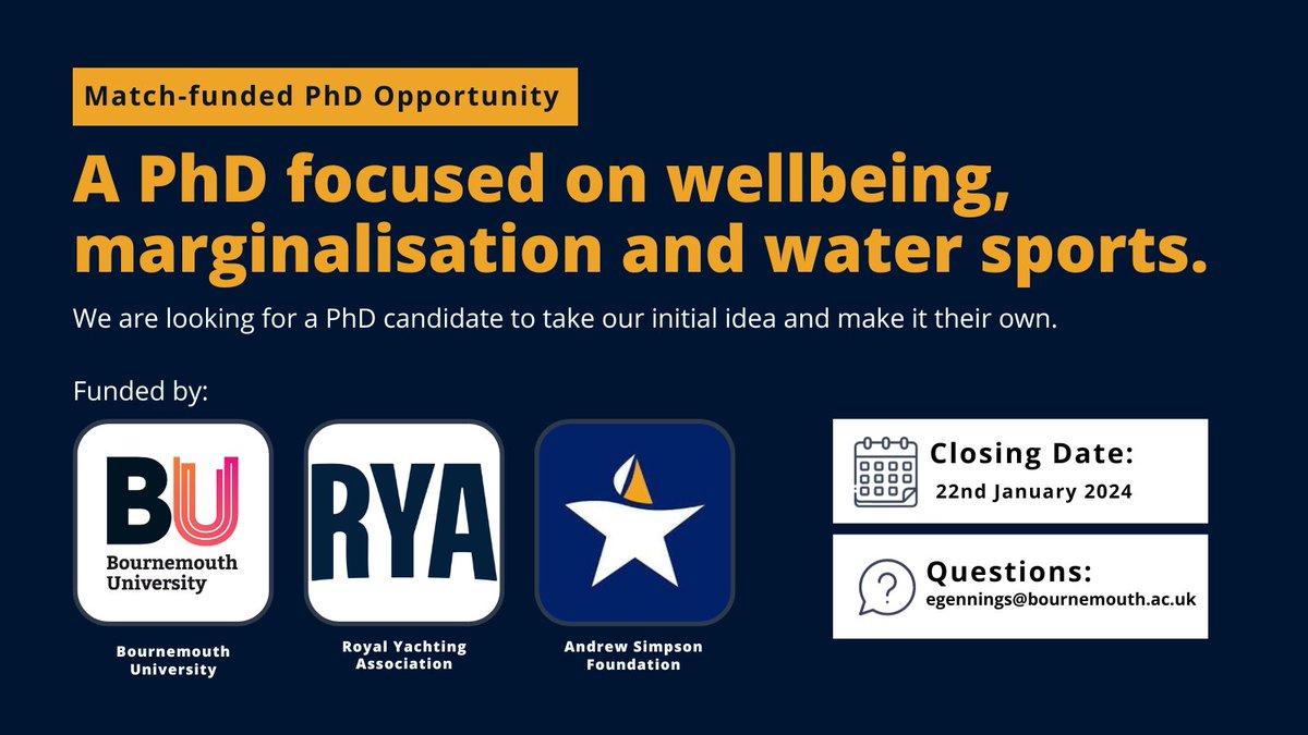 Dr Ellie Gennings (@elliegennings) on Twitter photo 📢Match funded PhD opportunity with me, <a href="/nicolademarti12/">Nicola De Martini Ugolotti</a> & <a href="/ian__jones__/">Ian Jones</a>.
This project is supported by <a href="/RYA/">RYA</a> & <a href="/AndrewSimpsonFo/">Andrew Simpson Foundation</a> and is an exciting space to research marginalisation, water sports and wellbeing.
Full details ➡️ bit.ly/2201PhD
#PhD #bluespace #wellbeing 📢Match funded PhD opportunity with me, <a href="/nicolademarti12/">Nicola De Martini Ugolotti</a> & <a href="/ian__jones__/">Ian Jones</a>.
This project is supported by <a href="/RYA/">RYA</a> & <a href="/AndrewSimpsonFo/">Andrew Simpson Foundation</a> and is an exciting space to research marginalisation, water sports and wellbeing.
Full details ➡️ bit.ly/2201PhD
#PhD #bluespace #wellbeing