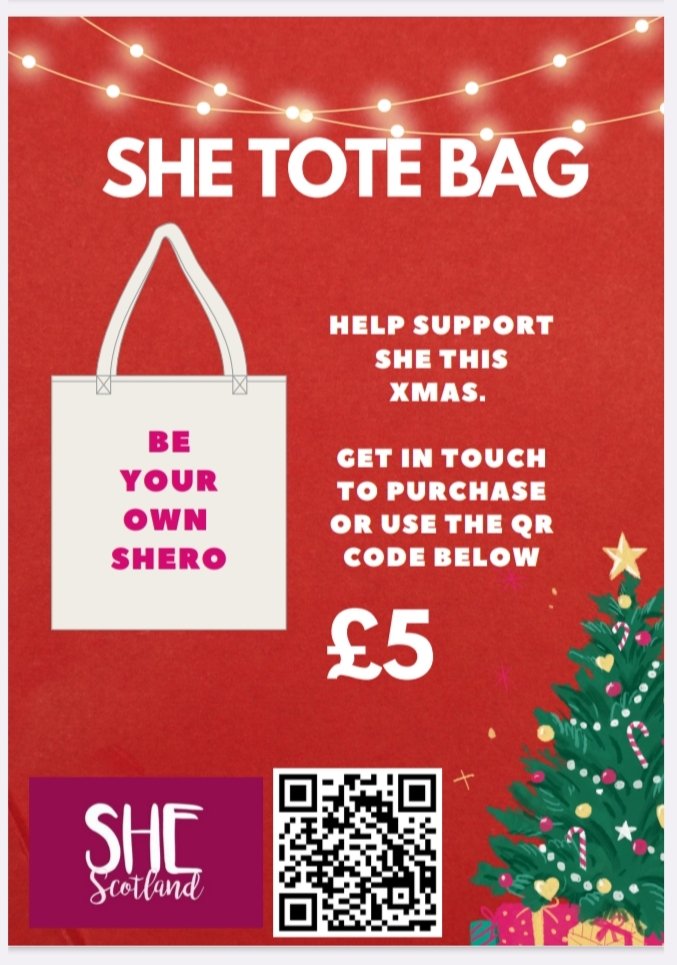 Help support @she_scotland this Xmas by purchasing a SHE tote bag. Every sale helps to enhance the work we are able to do within our programmes. Get in touch to purchase or use the qr code on the poster 🎄🎄🎄🎄
#girlswork
#xmasgifts
#totebags