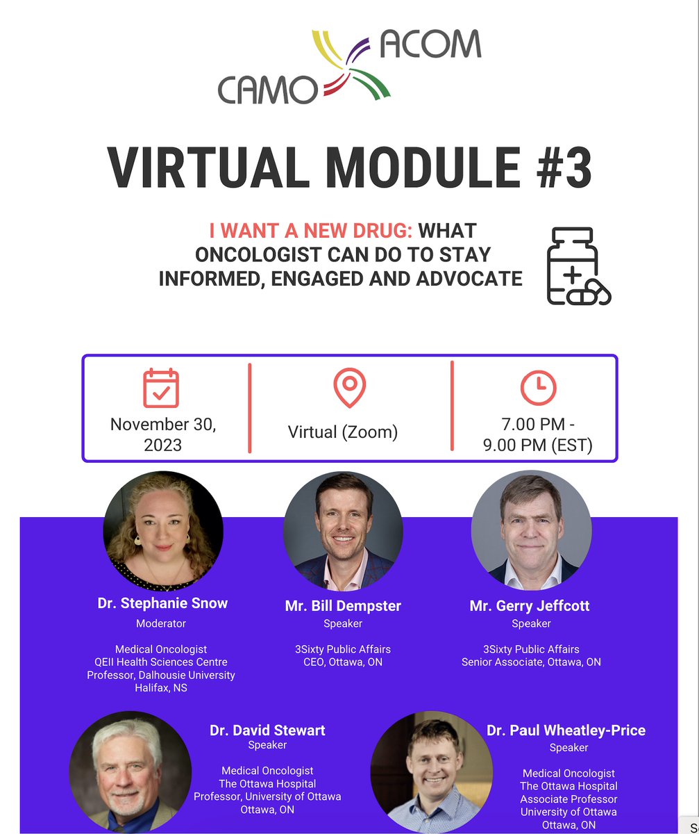 🚨Registration now open for Module#3 of a 3-part
<a href="/CAMO_ACOM/">Canadian Association of Medical Oncologists</a> series #Cancer #drugs #funding in 🇨🇦
🗓️Nov 30 #Virtual 7pm EST
Register➡️camo-acom.ca/event-5498939
<a href="/GillSharlene/">Sharlene Gill, MD, MPH, MBA, FASCO</a> <a href="/3SixtyPA/">3SixtyPublicAffairs</a> <a href="/pwheatleyprice/">Paul Wheatley-Price</a> <a href="/camoprez/">CAMOPREZ</a>