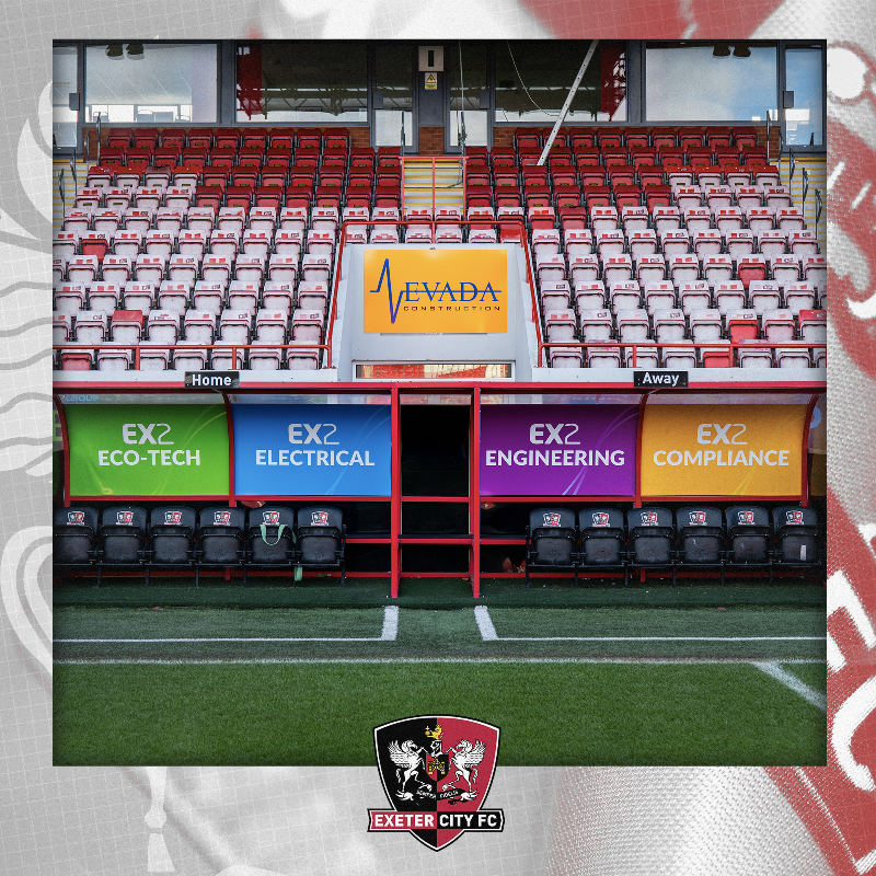 OfficialECFC's tweet photo. 📝 Welcome to @ex2_group who have become the new dugout sponsors at St James Park! 

The company has branding on both the front and back of the pitch-side dugout

🔗 Full story 👉 https://t.co/GeRHHuKGQj

#ECFC #SemperFidelis