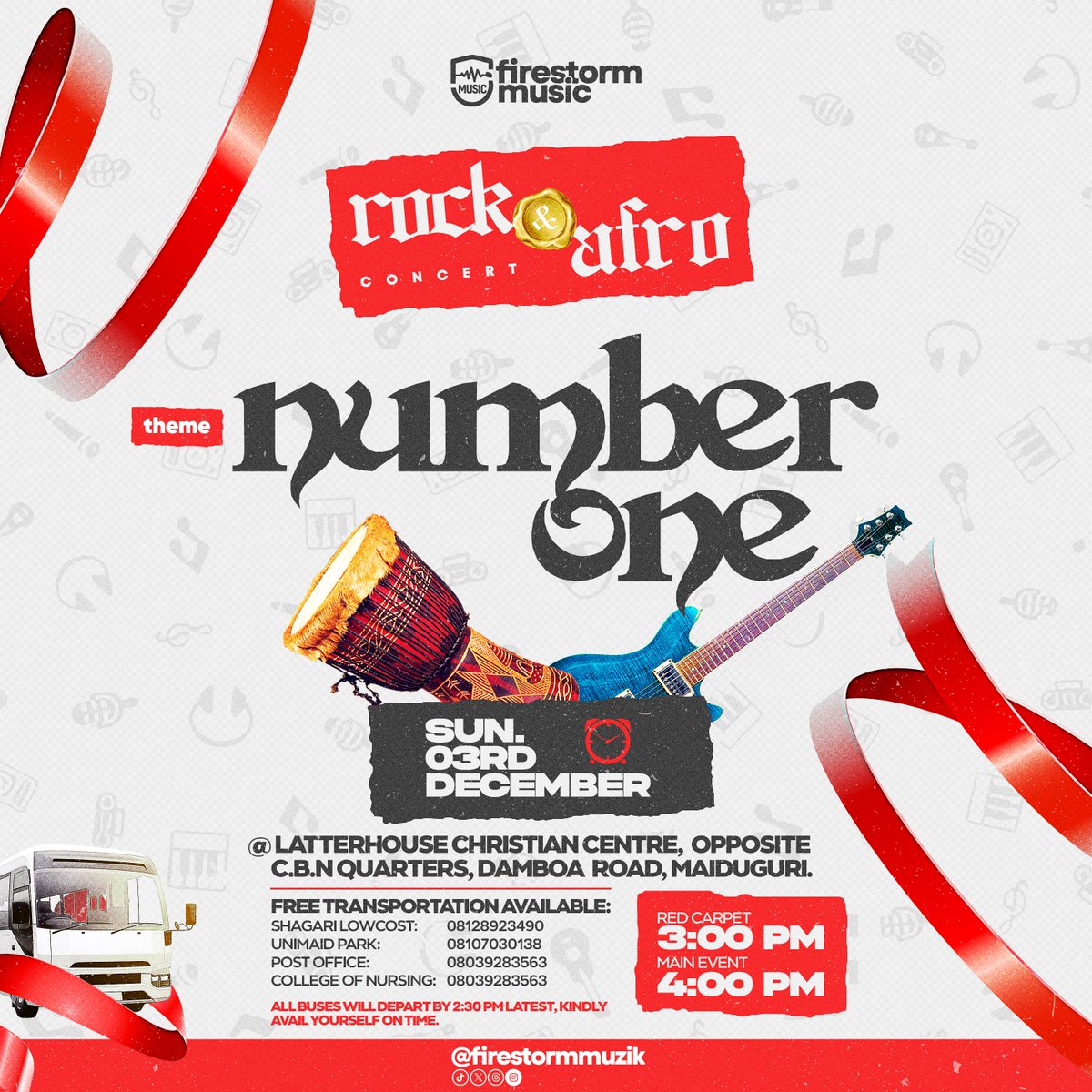 firestormmuzik's tweet photo. Join us on the 3rd of December 2023 for the Rock/Afro Concert, "Number One" by Firestorm Music!

"Come, let us sing for joy to the Lord; let us shout aloud to the Rock of our salvation." Psalm 95:1 (NIV) https://t.co/5qoCyxTM5E