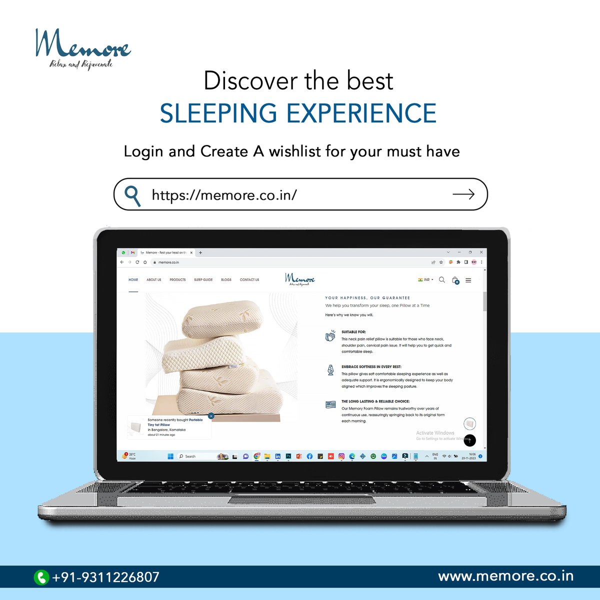 Embark on a journey of tranquillity—say goodbye to nighttime tears. Memore has everything you require for a peaceful and rejuvenating night after a long, bustling day. 
.
#memoryfoampillow #memoryfoam #pillow #sleep #memoryfoammattress #mattress #bettersleep #pillows #bestpillow