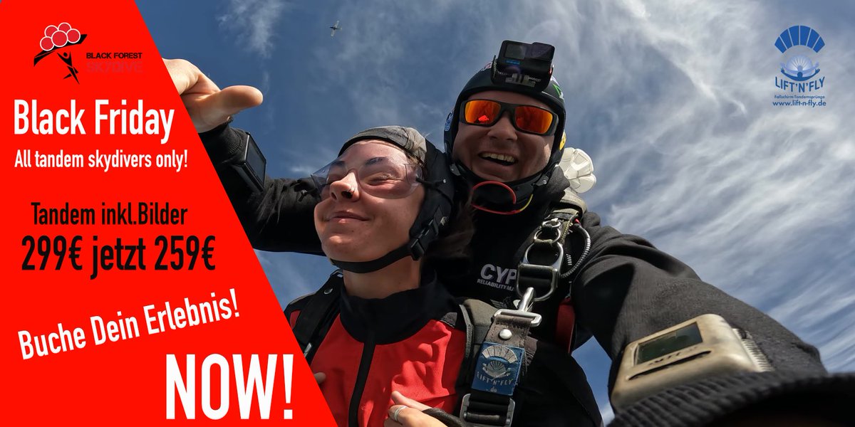 Ein weiteres unserer verrückten Black Friday-Angebote! 🥰🪂👍 Ein Tandem-Fallschirmsprung plus Bilder Begleitung für nur 259€. 

#deinerlebnis #rottweil #skydive #liftandfygmbh #blackforestskydive #affausbildung #liftandfly #dropzone #tandemsprung #freiburg