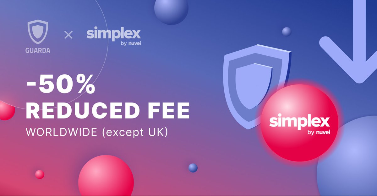 Save big on fees @GuardaWallet! 🎉 For a limited time, buy all cryptocurrencies with -50% reduced fees via @SimplexCC solution. Worldwide (except UK)! 🌍 Whether you’re a seasoned customer or just started, take advantage of the offer. Don’t miss out on the savings! #Crypto