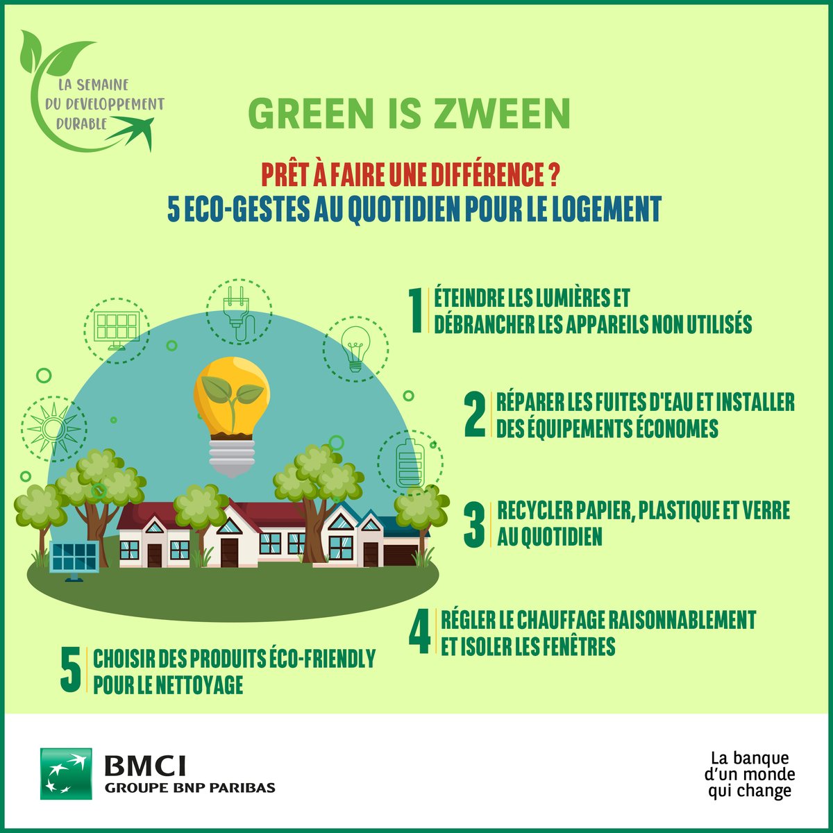 BMCI_BNPP's tweet photo. Adoptez ces gestes simples pour une maison éco-consciente ! Éteindre, réparer, recycler, régler et choisir des produits respectueux de l'environnement : des actions qui comptent pour un logement durable. 🌿🏡

#ÉcoGestes #LogementResponsable  #SDD2023 #RSE #BMCI https://t.co/v5ANtWLb6D