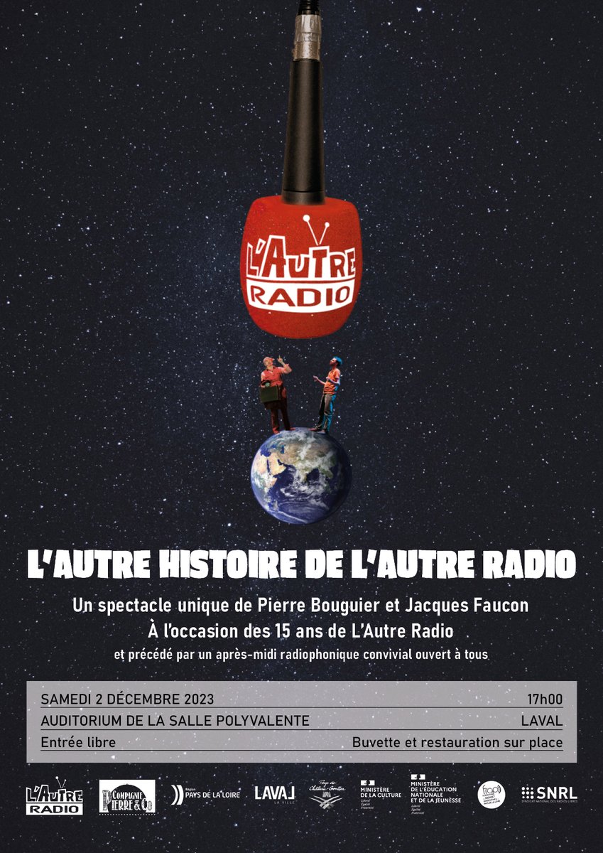 Il est grand temps de vous dévoiler l'affiche du spectacle unique qui vous attend le samedi 2 décembre prochain pour fêter les 15 ans de L'Autre Radio !

On a hâte de partager ce moment à vos côtés et de replonger dans l'histoire de cette radio pas comme les autres... 📻
