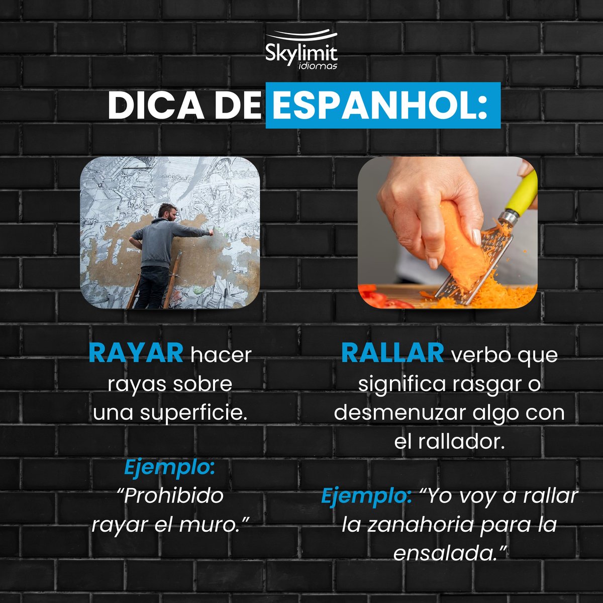 skylimitidiomas's tweet photo. Estas duas palavrinhas podem causar uma bela confusão: "rayar" e "rallar". Elas têm significados completamente diferentes em espanhol! 🤔📚

#espanhol #aprenderespanhol #spanish #dicadeespanhol #skylimitidiomas #skylimit #santacruzdosul https://t.co/UcnF4dl3mU