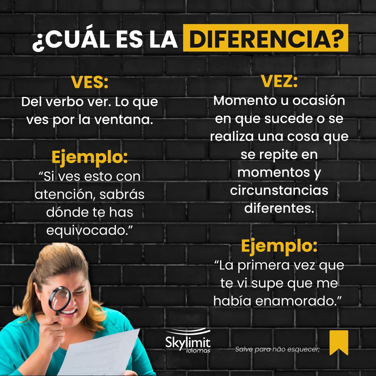 skylimitidiomas's tweet photo. Mistério linguístico em espanhol: "ves" e "vez"! 🤓

Agora já salva esse post para sempre lembrar da diferença! Veja mais dicas: https://t.co/qL2dNY4ZRE. 

#dicadeespanhol #espanholonline #auladeespanhol #espanhol #aprenderespanhol #skylimitidiomas #skylimit #santacruzdosul https://t.co/8nR3tFYI5M