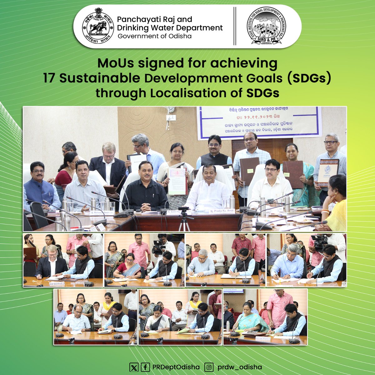 PRDeptOdisha's tweet photo. The apex training institute under @PRDeptOdisha, @sird_pr_odisha inked MoUs with @osdmaodisha, @UNICEFIndia, @UNDP_India, @UNFPAIndia, @fesforcommons, @PRADAN_India, @SvnirtarOlatpur for achieving 17 #SustainableDevelopmentGoals through #LocalisationOfSDGs. https://t.co/YMQ8ukIn9U