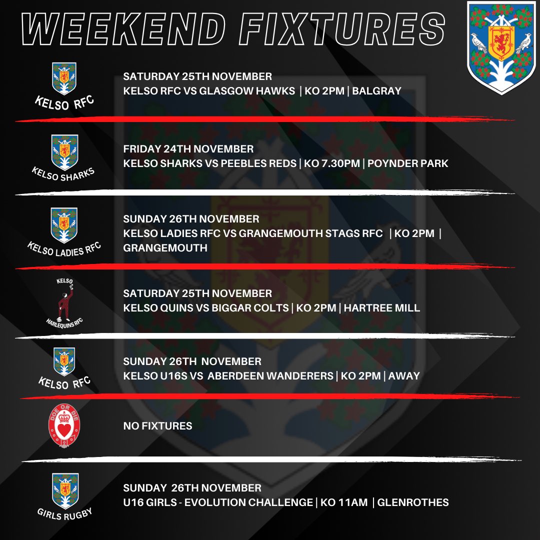 KelsoRugby's tweet image. ⚫️⚪️ THIS WEEKS FIXTURES ⚫️⚪️

Fixtures for this week are as below ⬇️

⚫️⚪️

#OneClub #OneCommunity #BlacknWhiteJersey