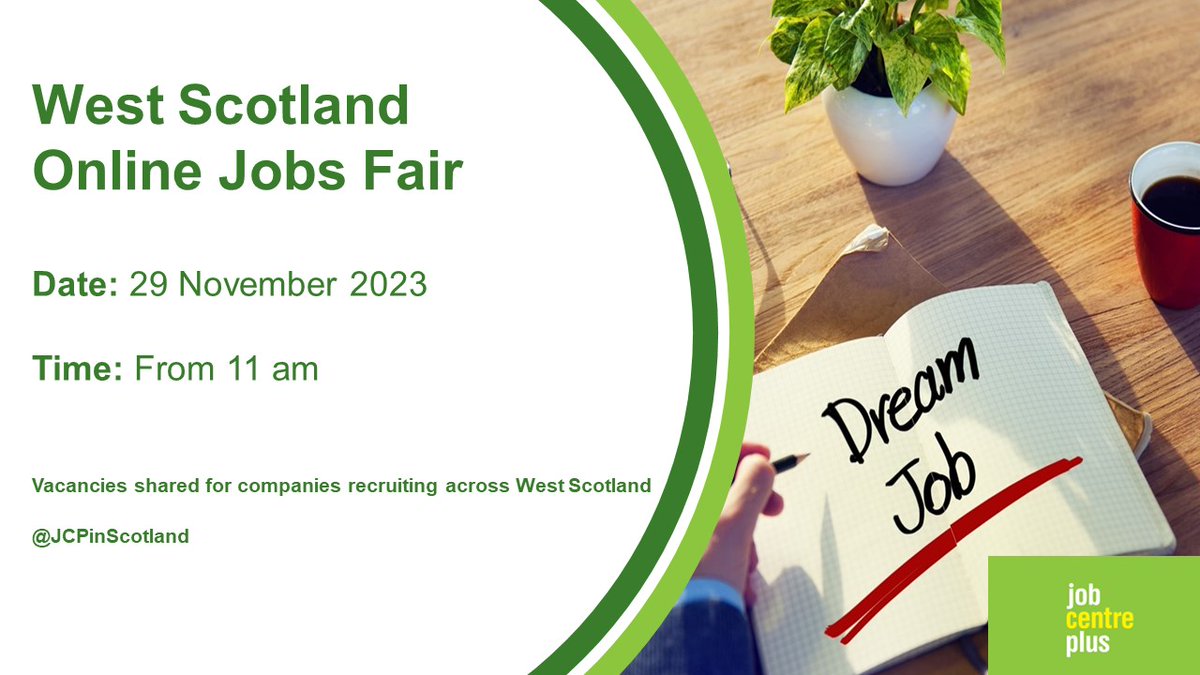 Join @JCPinScotland West Scotland Online Jobs Fair on 29 November from 11 am

They will be sharing the latest vacancies from #Employers across #WestScotland

@DYWWEST

#RenfrewshireJobs #InverclydeJobs #ArgyllJobs #DunbartonshireJobs #LanarkshireJobs