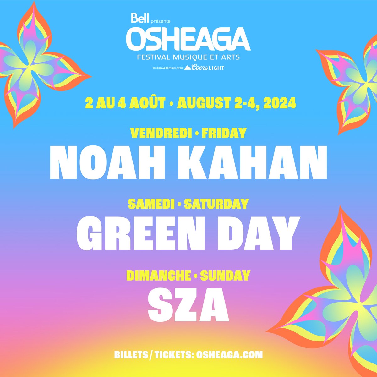 osheaga's tweet photo. Les voici, les voilà, vos trois têtes d’affiche de #OSHEAGA2024 : @NoahKahan • @GreenDay • @SZA! 🦋💥 
 
Billets 3 jours disponibles maintenant🎟️ : https://t.co/tPa8SqA3N6. 
 
Rise and shiiiine ☀️ Meet your 3 #OSHEAGA2024 headliners: @NoahKahan • @GreenDay • @SZA! 🦋💥 

3-day tickets available now 🎟️: https://t.co/BfAPpmU4z1. 

🎨: @thefrancorama 

Présenté par @Bell, en collaboration avec Coors light Québec.