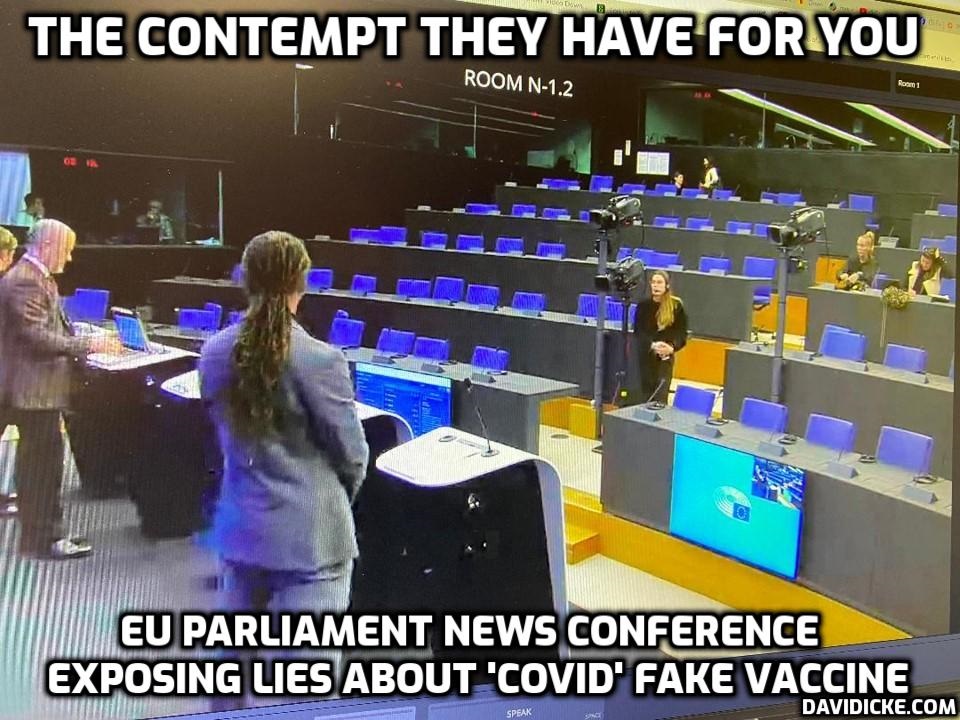 davidicke's tweet image. Empty room at European Parliament greets revelations about fake ‘Covid’ vaccines including the fact that they were never meant to stop 'transmission' and so ‘get vaccinated to protect others’ was always a blatant and calculated lie. Andrew Bridgen gets the same treatment in the…