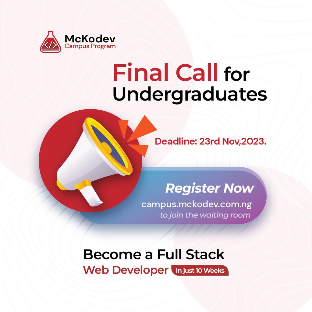 MckodevCP's tweet photo. Your dream of becoming a full stack Web Developer can be fulfilled @mckodevcp.

Tomorrow is the deadline to join the waiting list!
Register via this link; https://t.co/k32SPW4Jeb https://t.co/397uHPKjSL