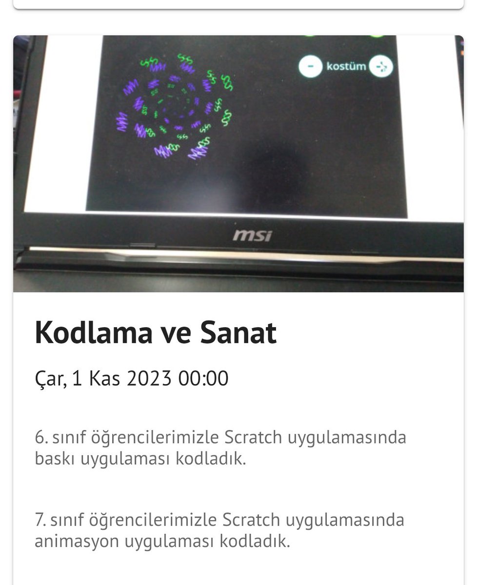 kale_ybo's tweet image. 6. Ve 7. Sınıf öğrencilerimizle codeweek kapsamında, kodlama ve sanat temalı, animasyon ve baskı uygulamaları yaptık.
#Codeweek2023 🌐
#YapayZeka 🤖
@tcmeb
@emre_caliskan
@denizlimem
@ArgeDenizli
@YTEMEL3
@CodeWeekEU
@CodeweekTurkiye
@kalemem20