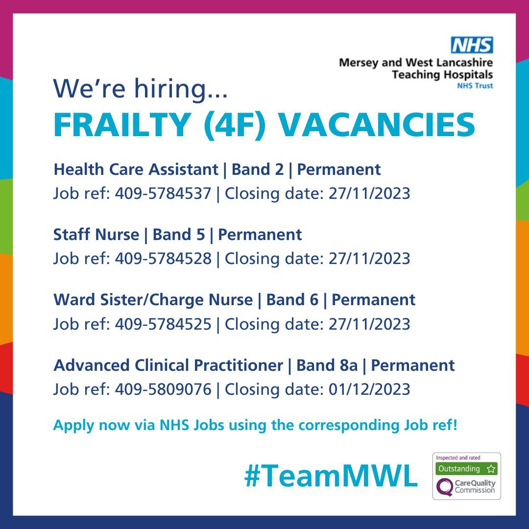 📣 We're looking for a number of clinical staff to join our team in Ward 4F - Frailty!

✅ Apply now via NHS Jobs using the corresponding Job ref!

#TeamMWL #WeAreTheNHS #HCAJobs #NursingJobs #NursingCareers