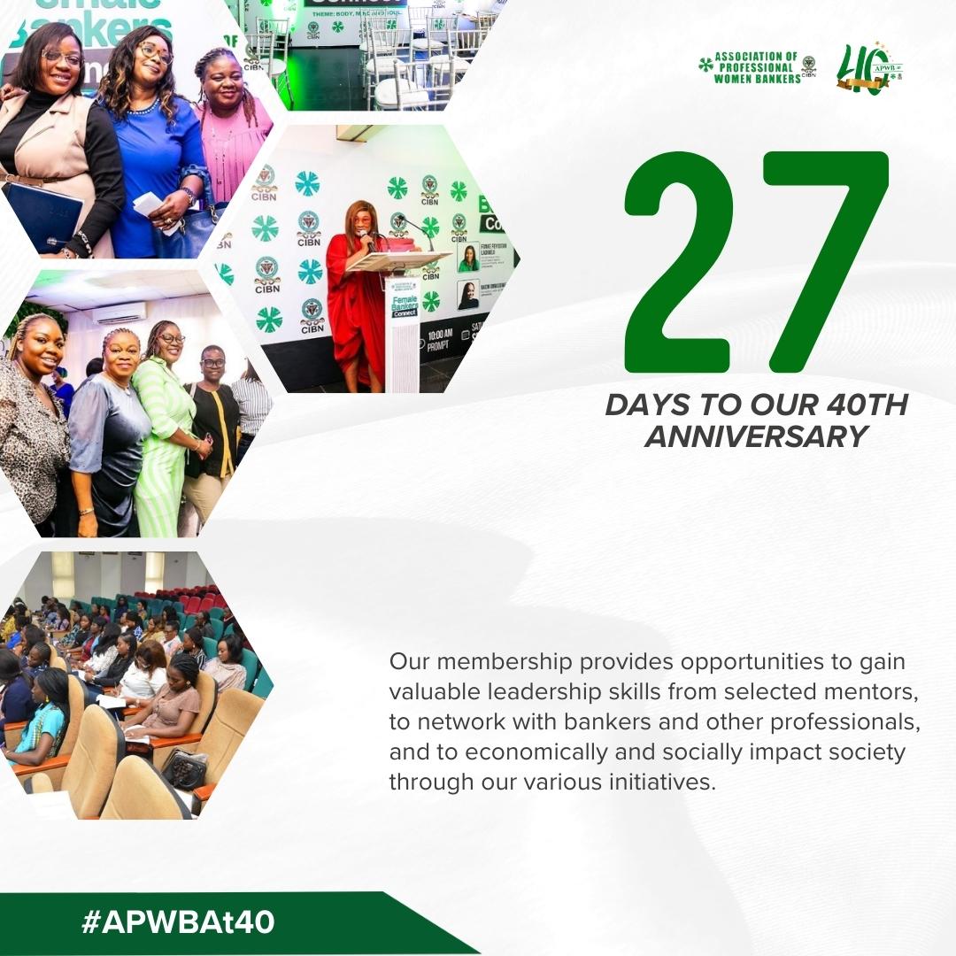 apwbnigeria's tweet photo. Time flies when you're changing the world! 🌎✨ in 27 days, we will be celebrating our 40th anniversary! Thank you for being a part of our journey and for many more years to come! 🎂🥳
#APWB #APWBNigeria #AssociationOfProfessionalWomenBankers #Countdown #APWBAt40 https://t.co/Bq3kmb7Bjr
