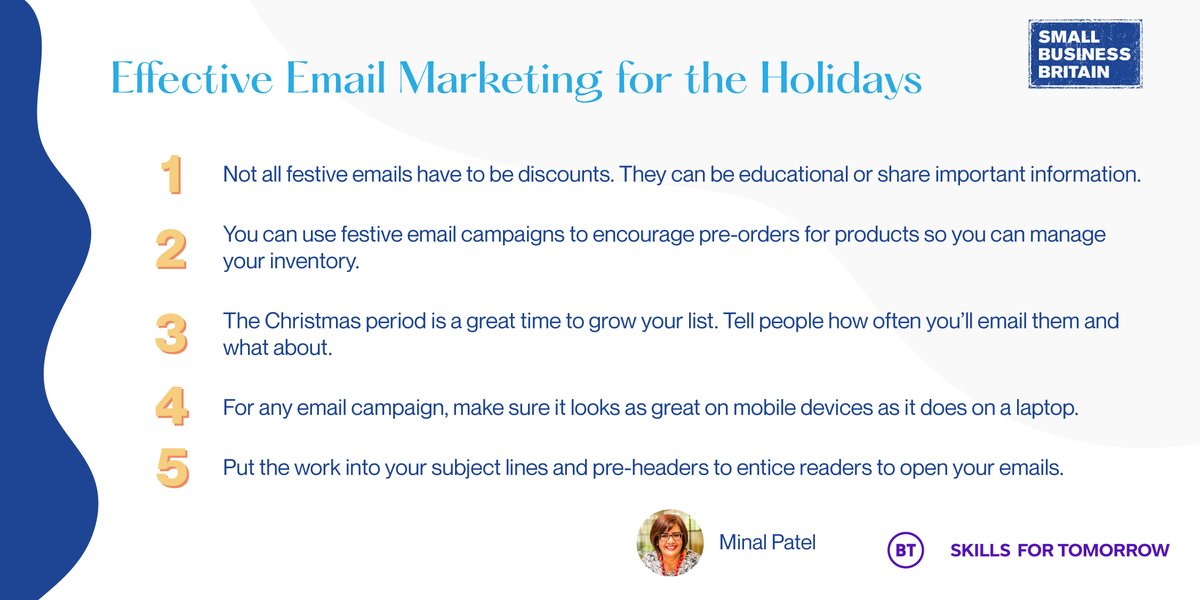 TOP TIPS: Effective Email Marketing for the Holidays! In our recent webinar, expert @Minal2804 shared how to use email marketing to boost sales in the run-up to Christmas. 📽️ Watch the full recording of the #BTSkillsForTomorrow webinar on replay: ow.ly/fVjV50Q9kSV