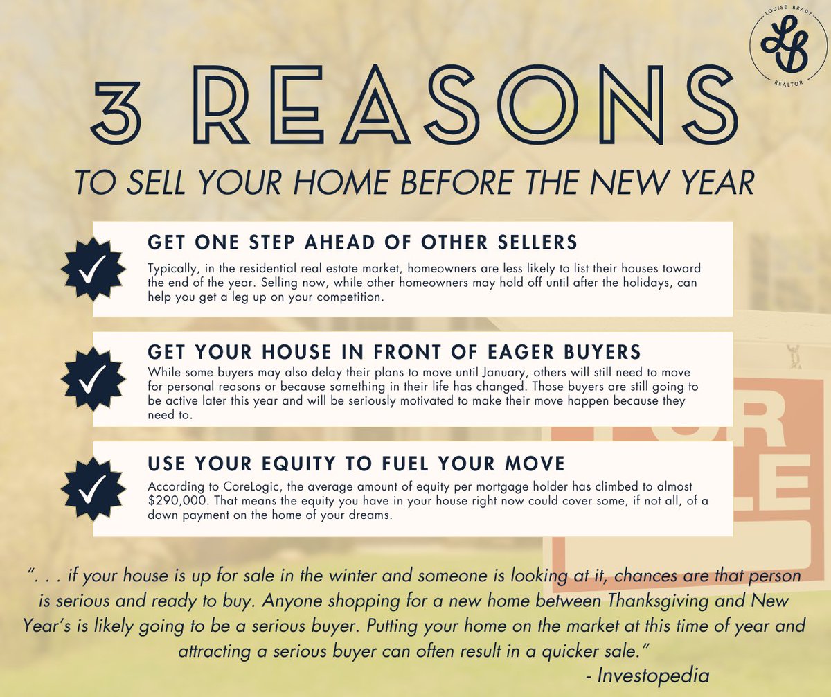 Three reasons to sell your home before the new year. 

LouiseBradySells@gmail.com
985-951-9328

#LouiseBradySells #LouiseBradyRealtor #LatterandBlum #LouisianaRealtor