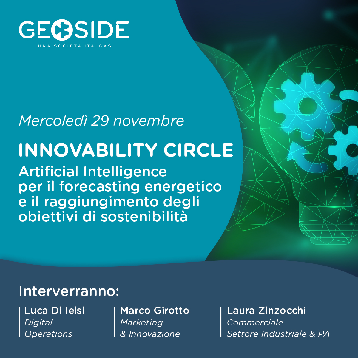 💡Il 29 novembre saremo all’incontro dell’Innovability Circle per parlare di come ridurre i consumi energetici e le emissioni aziendali grazie all’ausilio dell’#IA e di un approccio data-driven. Scopri i dettagli: bit.ly/innovabilityci… #EfficienzaEnergetica #Geoside