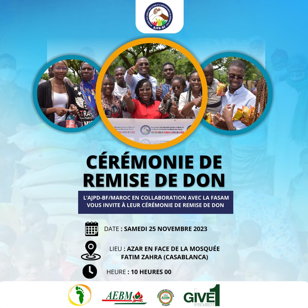 AjpdBf's tweet image. @AjpdBf #Maroc et la #FASAM vous convient chaleureusement à leur initiative de don de vêtements, prévue le samedi 25 novembre à #Azar, en face de la #mosquée Fatim Zahra, à 10h00. 
#Solidarity #Solidarité #AJPDBF #Burkina