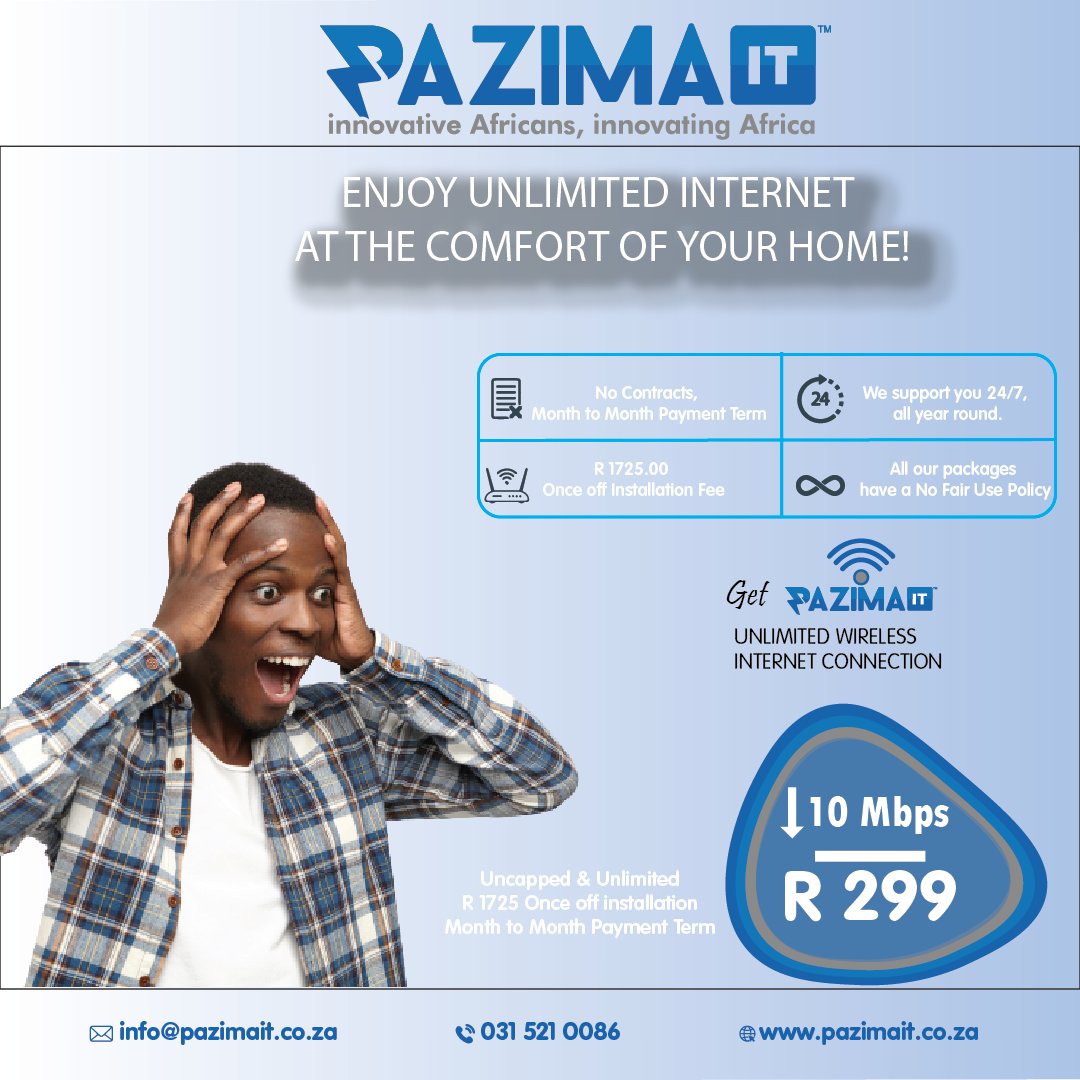 PazimaIT's tweet image. Surf the web without limits! 🌐 Enjoy affordable and unlimited WiFi with blazing speeds at pazimait.co.za. Stay connected without breaking the bank! 💻📱 #ConnectivityForAll #AffordableWiFi #UnlimitedSurfing