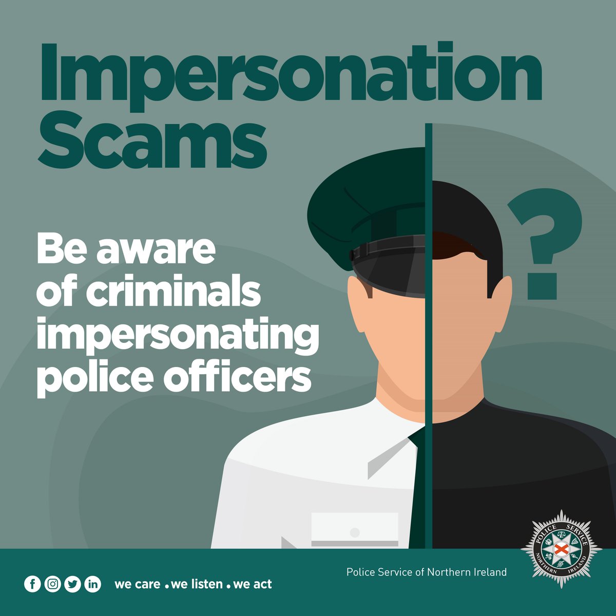PoliceServiceNI's tweet photo. Please be vigilant after a report of fraud in Northern Ireland in which thousands of pounds was stolen by scammers impersonating police officers. More here: https://t.co/JoqVPEJcUn

#ScamAware #ScamwiseNI https://t.co/gO4Vm8OX1Z