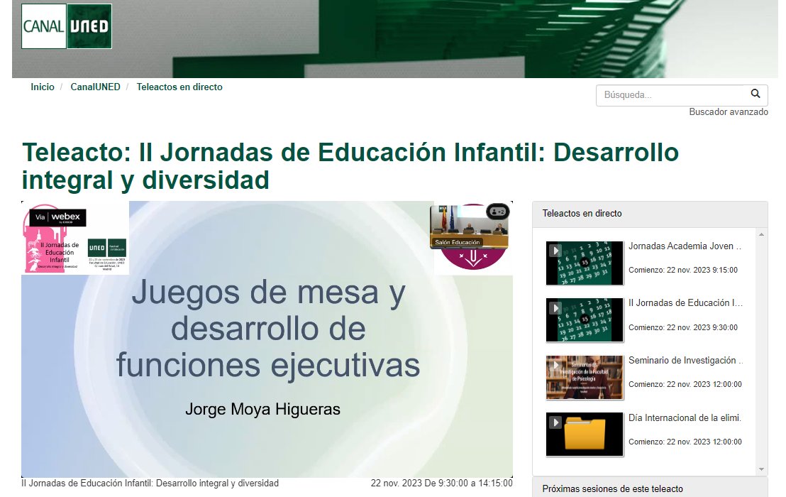 🗣️ Continúan las II Jornadas de Educación Infantil <a href="/EducacionUNED/">Facultad de Educación de la UNED</a> 💪 La segunda ponencia trata sobre "Juegos de mesa y desarrollo de funciones ejecutivas" y es presentada por Jorge Moya, profesor de la Universidad de Lleida 👧🧒 Síguelo por <a href="/CanalUNED/">canalUNED</a> 👉 canal.uned.es/live/event/653…