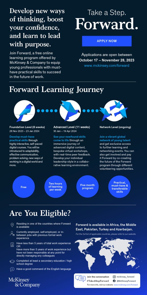 GMusolo's tweet photo. I am delighted to have participated in the Mckinsey forward program which commenced in Jun 2023 and I completed this exciting journey in Nov 2023. 

As you apply remember to use the code: Grace49193 at the initial stage of your application. https://t.co/6ibzPzmq9C