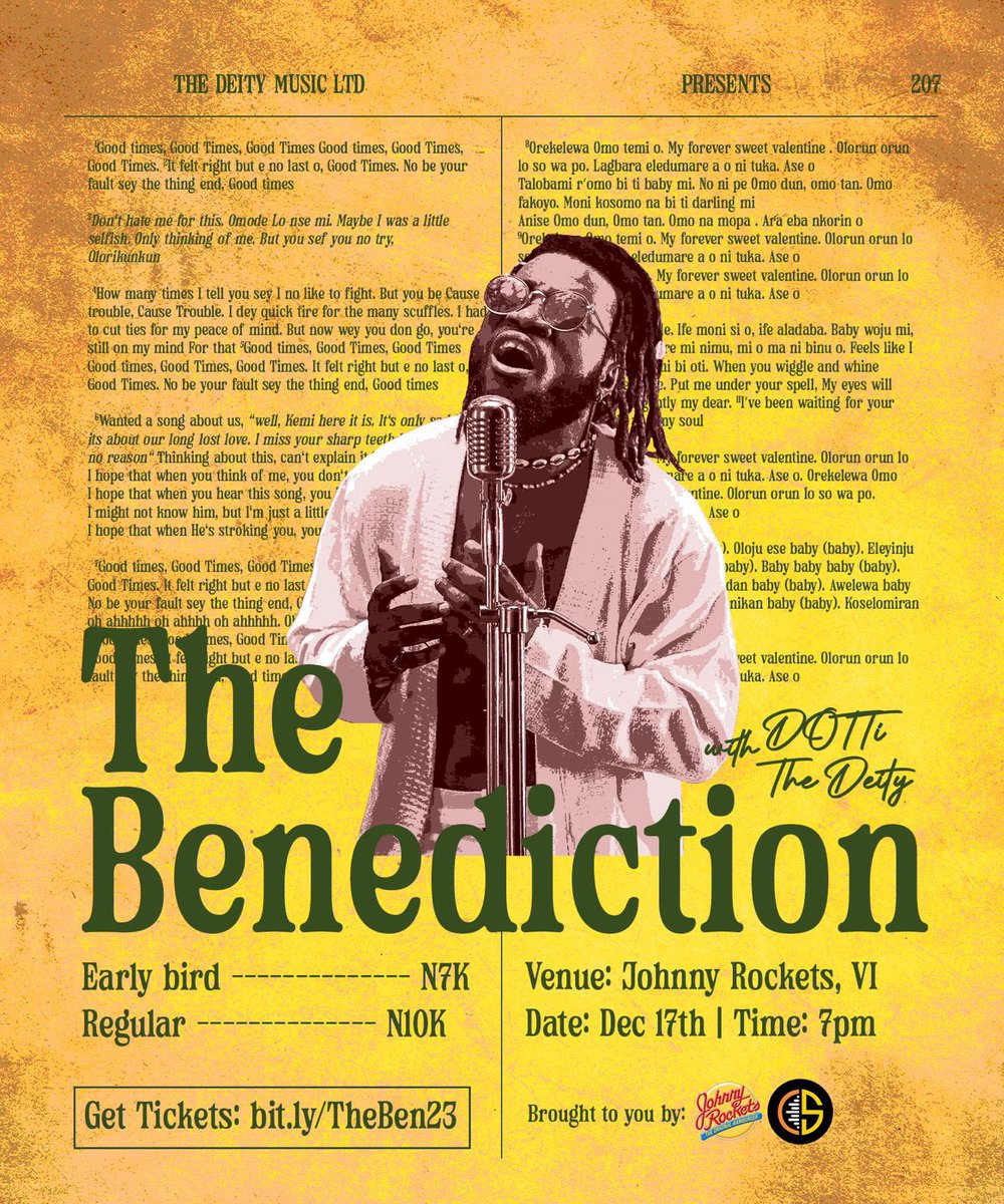 My village people after all the questions and dragging 😂🌚, I present to you “The Benediction”🙏🏾. It’s the last ‘village meeting’ of the year. 🎟️ bit.ly/TheBen23 📍 Johnny Rockets, VI 📆17/12/23. Chef DOTTi is ready to serve what he’s been cooking 👨🏾‍🍳🎧