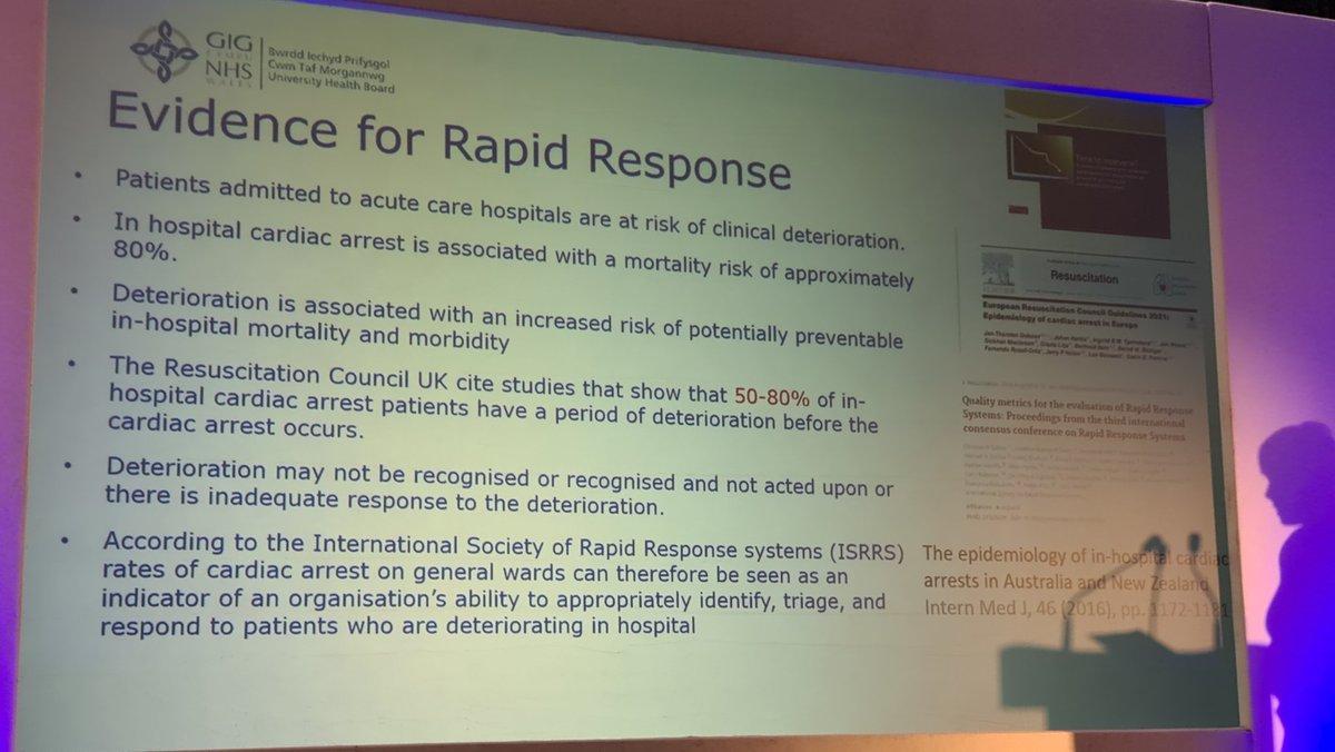 DigiDietitian's tweet photo. Rapid Response Emergency Call Standardisation Throughout Secondary Sites within @CTMUHB by Vannessa Jones

Team to respond in 15 mins if high risk &amp; AMaT system for data collection

Rapid Response call outomes, preventing death/itu need
#BeResearchActive
@CTMUHB_RD
#Rapidresponse https://t.co/nWCcrlTyth
