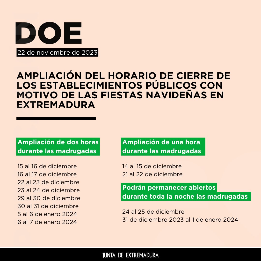 📄RESOLUCIÓN | Ampliación de horarios de cierre de los establecimientos públicos con motivo de las fiestas navideñas 🎄
doe.juntaex.es/pdfs/doe/2023/…