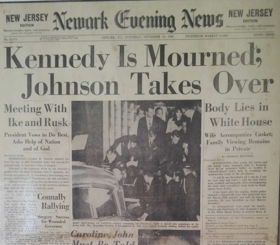 Today, exactly 60 years ago, John Kennedy was killed. I picked up this newspaper in an antique store in Knysna some years ago. The front page shows a stumbling, shocked Jackie Kennedy being helped into the hearse carrying her husband’s body.
