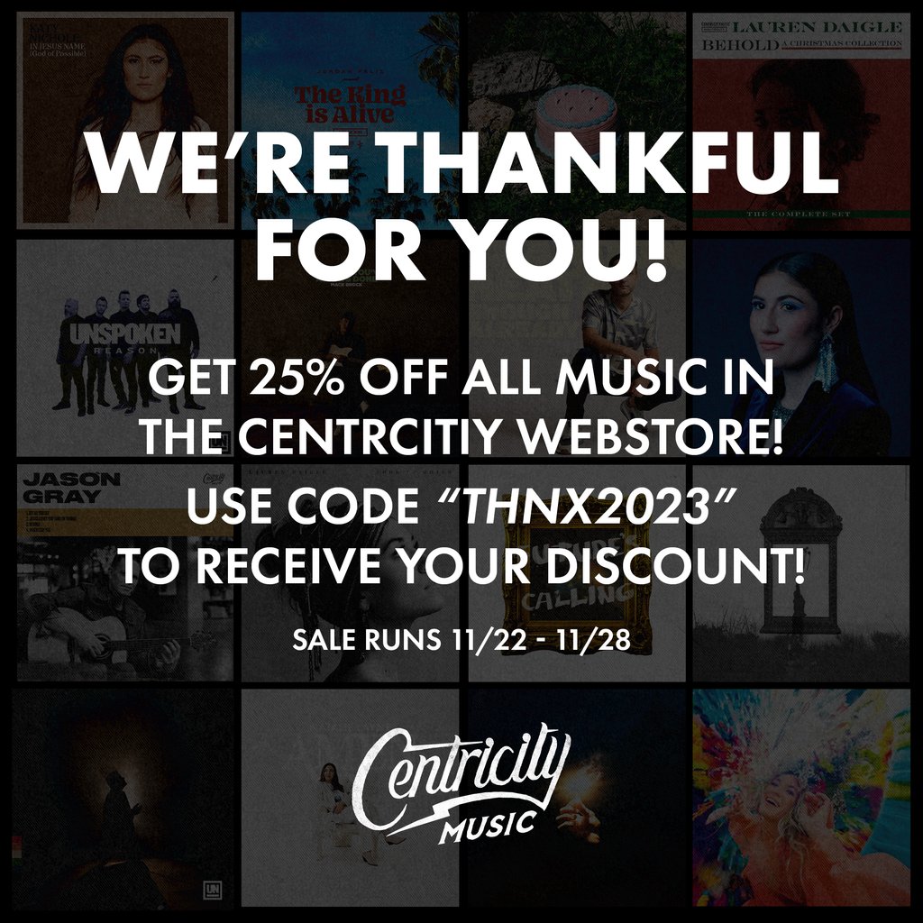 Happy Thanksgiving! We are so excited to announce that from 11/22 -11/28, you can use the code THNX2023 to receive a 25% off all music in the Centricity Webstore! Tap the link to save now: store.centricitymusic.com 🙌