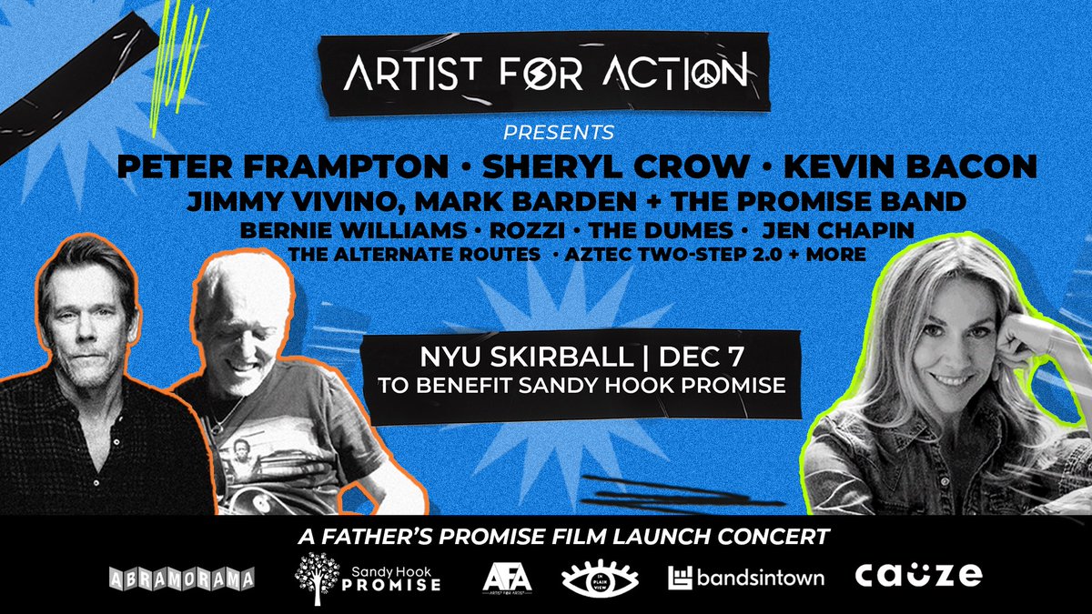 Limited tickets avail for Dec 7 in NYC + @kevinbacon just joined the bill!! See you there to support @sandyhook!

found.ee/nyutickets

#artistforaction #sandyhookpromise #sherylcrow #peterframpton #kevinbacon #sixdegrees #benefit #givingtuesday #nyc  @Bandsintown @nyuskirball