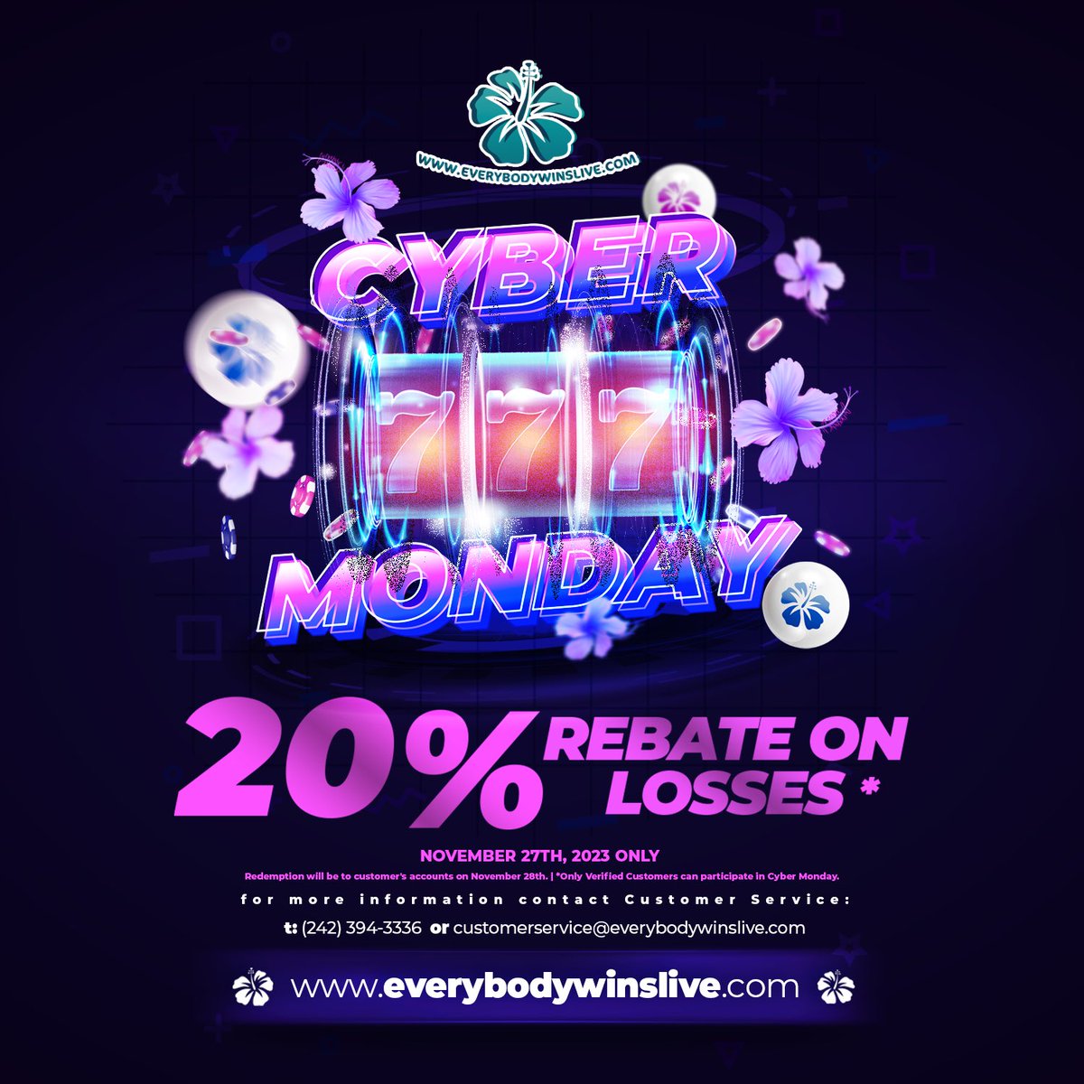 As we kick off the Holiday season where everyone WILL have the chance to win, enjoy a special 20% rebate when you play on Cyber Monday*!

*only verified customers can participate.