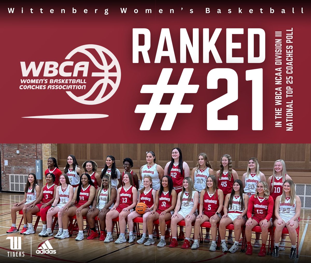 The WBCA NCAA Division III Top 25 Women's Basketball Coaches Poll was just announced! Your Wittenberg Tigers were ranked #21!! #TigerUp #Sisterhood

➡️ wbca.org/recognize/poll…