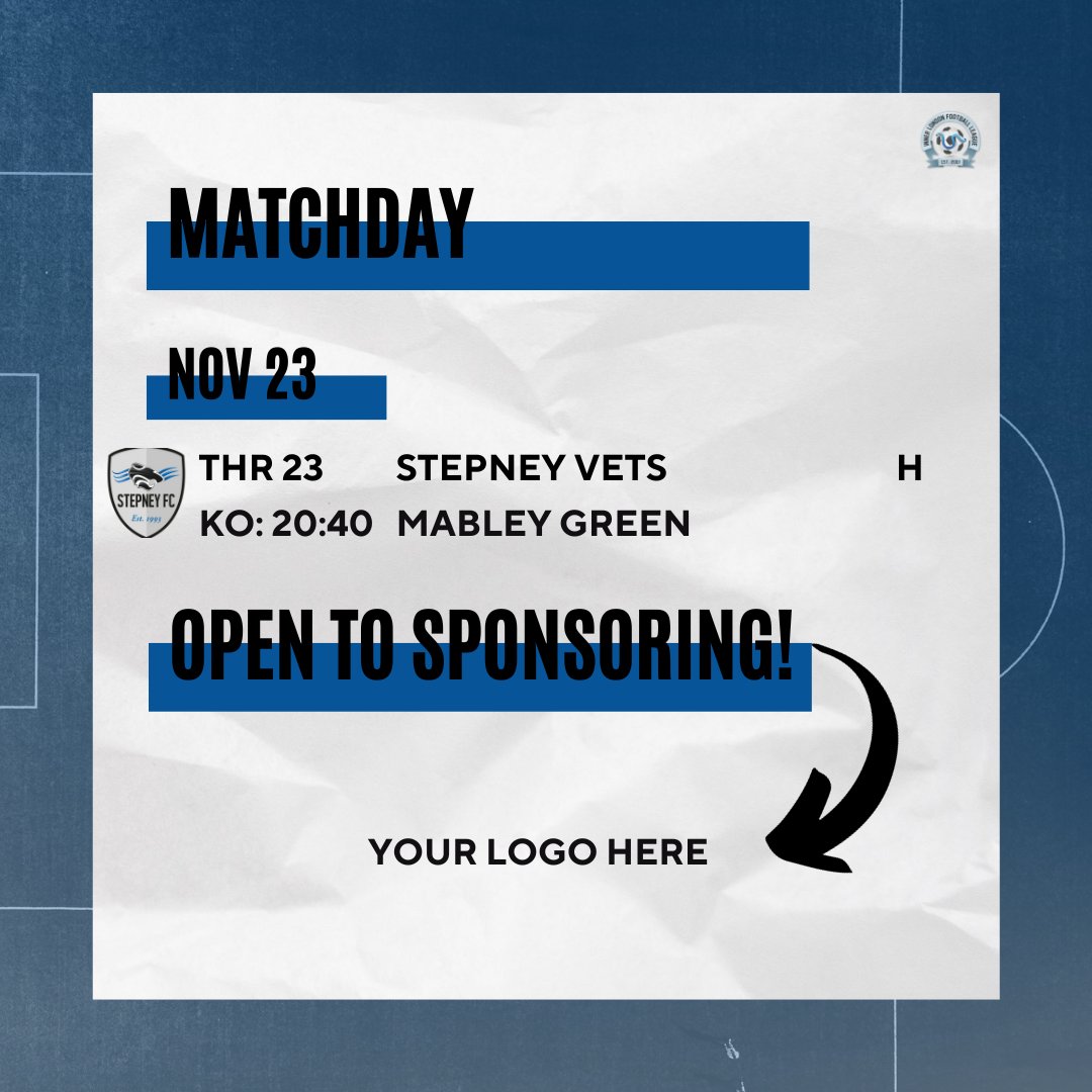 MATCHDAY 🔵

#matchday8 #WPVSPV
Wapping Vets 🔵
🤝 Stepney Vets (H)
🏟 Mabley Green
📆 23/11 - KO: 20:40pm
📊 ILFL TVL19 - Divison 1

#WFC #WAPPINGFAMILY #UPTHEBLUES