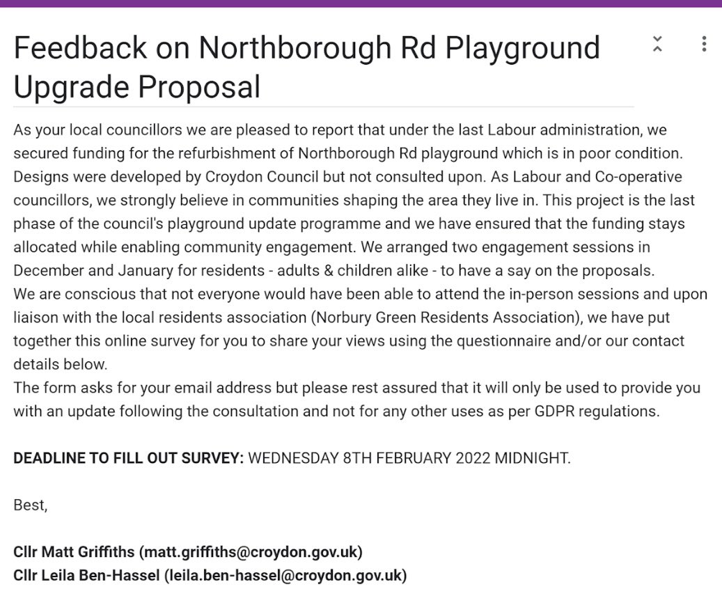 🧵 2/4
With @NorburyGreenRA @_MattGriffiths_ and I distributed 400+ leaflets, organised 2 engagement sessions as well as an online survey and are committed to continue working with NGRA residents on further improvements incl. paths, kick about area, planting, more seating etc: