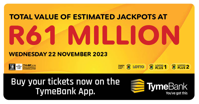 sa_lottery26's tweet photo. Use the @tymeBankza Banking App to play #LOTTO, #LOTTOPLUS1, &amp; #LOTTOPLUS2 for R61 MILLION in total estimated jackpots this Wednesday. Play #LOTTO for an estimated R39,5 MILLION, #LOTTOPLUS1 estimated at R4 MILLION, &amp; #LOTTOPLUS2 estimated at R17,5 MILLION. Play Now!