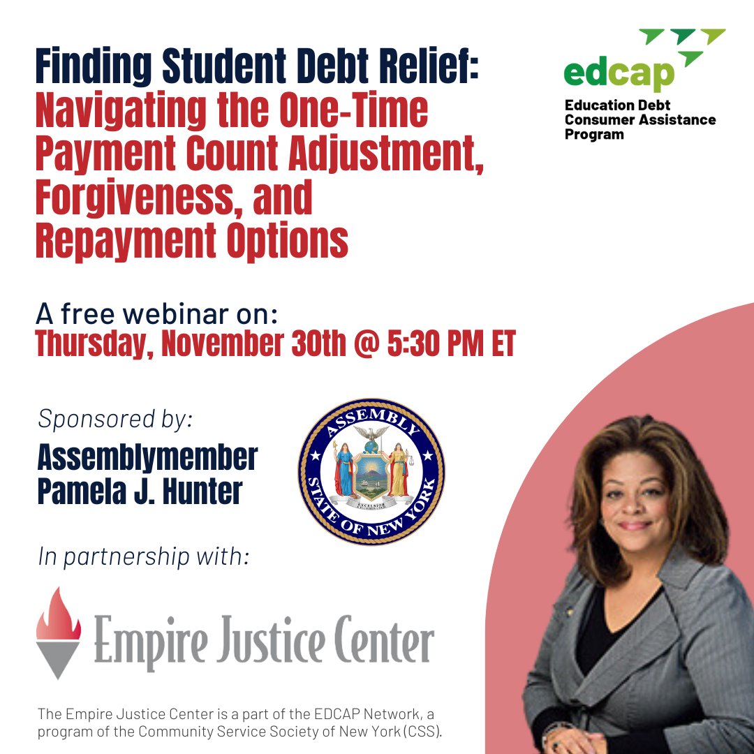 Pamela Hunter (@pamelahunter128) on Twitter photo Next week, I'm hosting a free Student Debt Relief Webinar in partnership with <a href="/empirejustice/">Empire Justice (@EmpireJustice on BlueSky)</a> and <a href="/EDCAP_NY/">Education Debt Consumer Assistance Program (EDCAP)</a>
If you have questions about your student loans and want to learn about relief programs you may qualify for
call 315-449-9536 or Email Jonesm@nyassembly.gov to register. Next week, I'm hosting a free Student Debt Relief Webinar in partnership with <a href="/empirejustice/">Empire Justice (@EmpireJustice on BlueSky)</a> and <a href="/EDCAP_NY/">Education Debt Consumer Assistance Program (EDCAP)</a>
If you have questions about your student loans and want to learn about relief programs you may qualify for
call 315-449-9536 or Email Jonesm@nyassembly.gov to register.