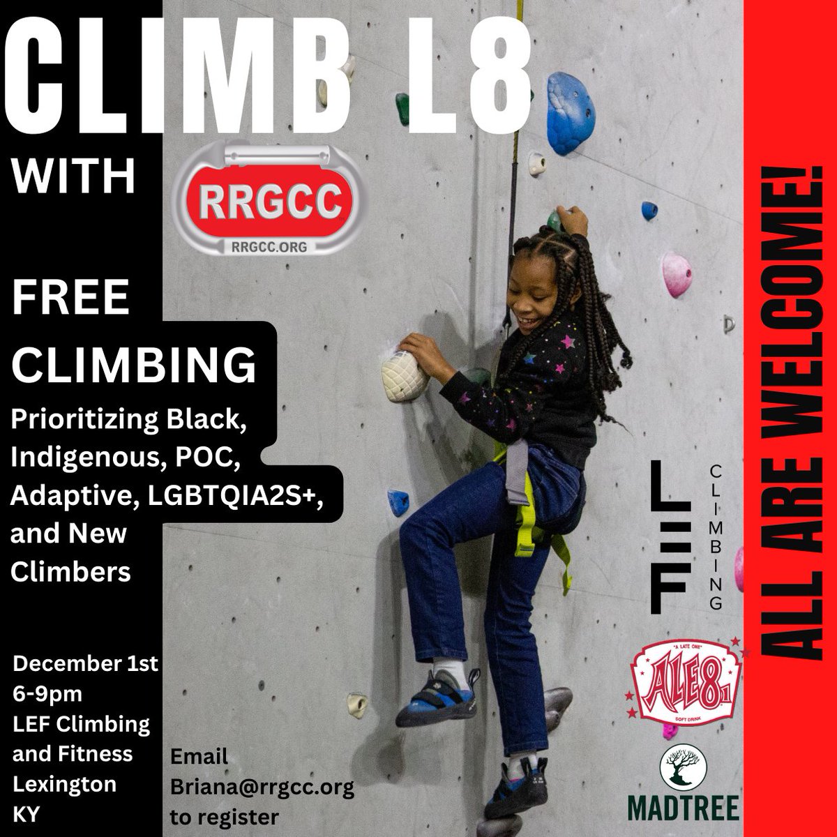 Climb L8!⁠
Hosted by the RRGCC⁠
⁠
Please join us for a complimentary night of rock climbing:⁠
⁠
December 1st from 6-8⁠
LEF Climbing⁠
916 N Broadway⁠
Lexington, KY 40505⁠
⁠
Guests need to register by emailing briana@rrgcc.org⁠

Join each month!⁠