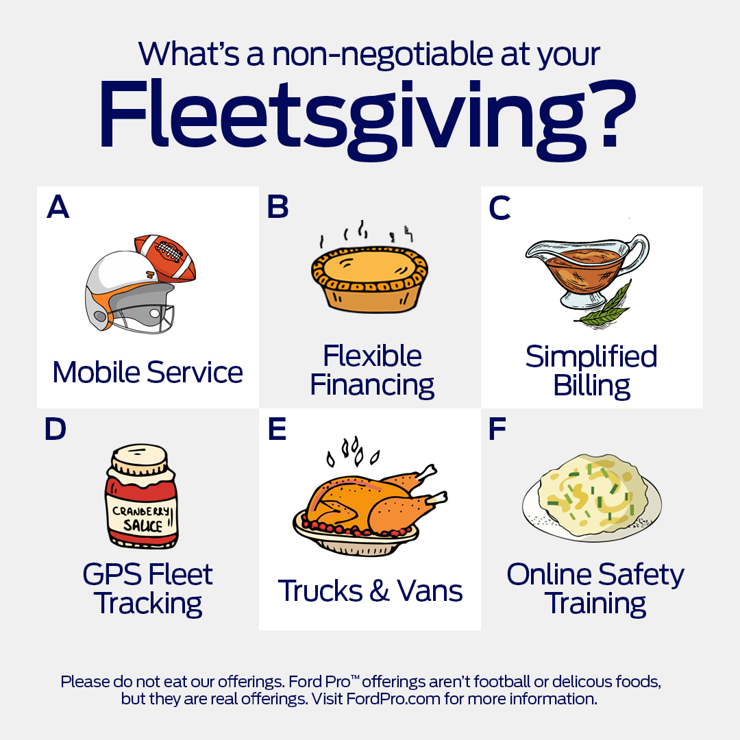 Whatever you’re in the mood for this season, #FordPro has all the fixin's for your fleet: ford.to/3SPSxWy

Tell us what’s on your plate 👇 🦃

#FleetManagers #Thanksgiving