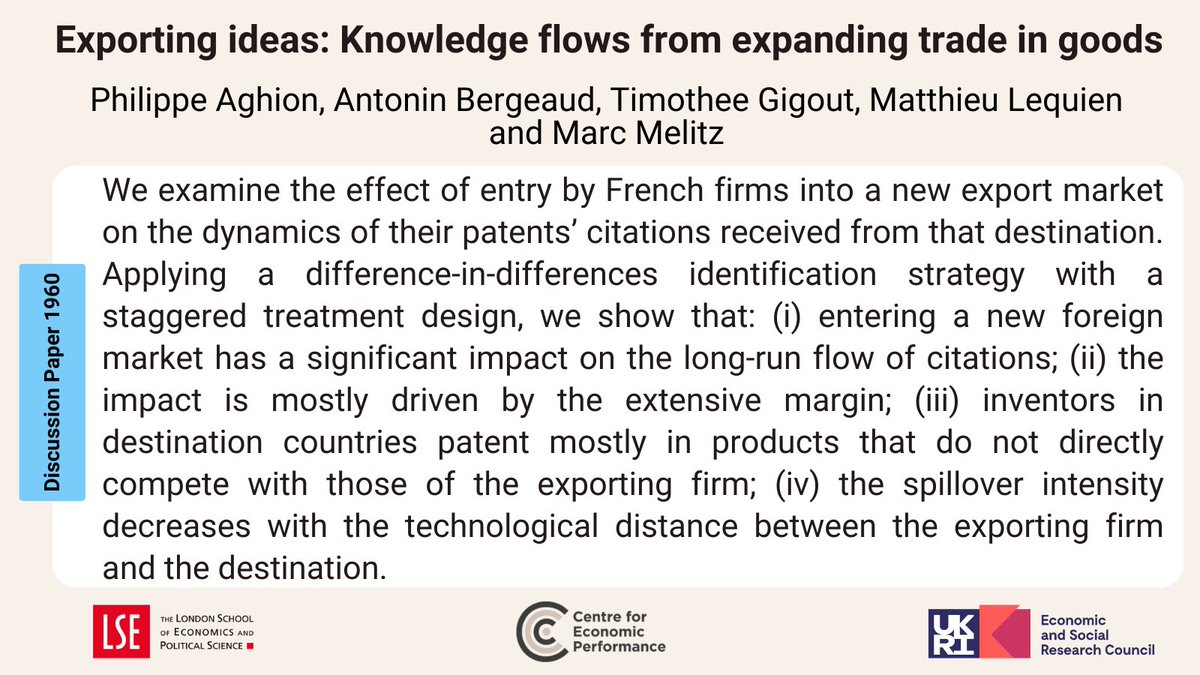 Exporting ideas: Knowledge flows from expanding trade in goods 
By Philippe Aghion <a href="/a_bergeaud/">Antonin Bergeaud</a> Timothee Gigout, Matthieu Lequien and Marc Melitz

Read: ow.ly/uMRk50Q9onq