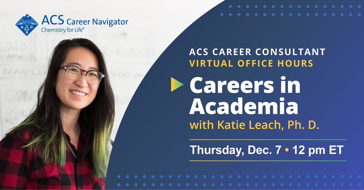 Looking for a #chemistry job in #academia? Join our next ACS Virtual Office Hours event on Dec 7 & get pro tips to navigate your job search, plus small-group networking w/ #ACSCareerConsultants. Register for FREE at brnw.ch/21wEFyf #ChemTwitter #Career