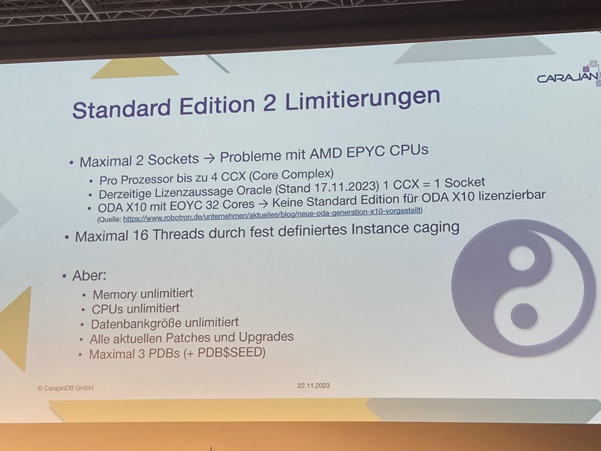 @carajandb highlights the @OracleDatabase #licensing issue with the @AMD Epyc CPUs and #SE2 at @DOAGeV #DOAG2023. Please @oracle, find a solution for that. /cc @oracleace robotron.de/unternehmen/ak…