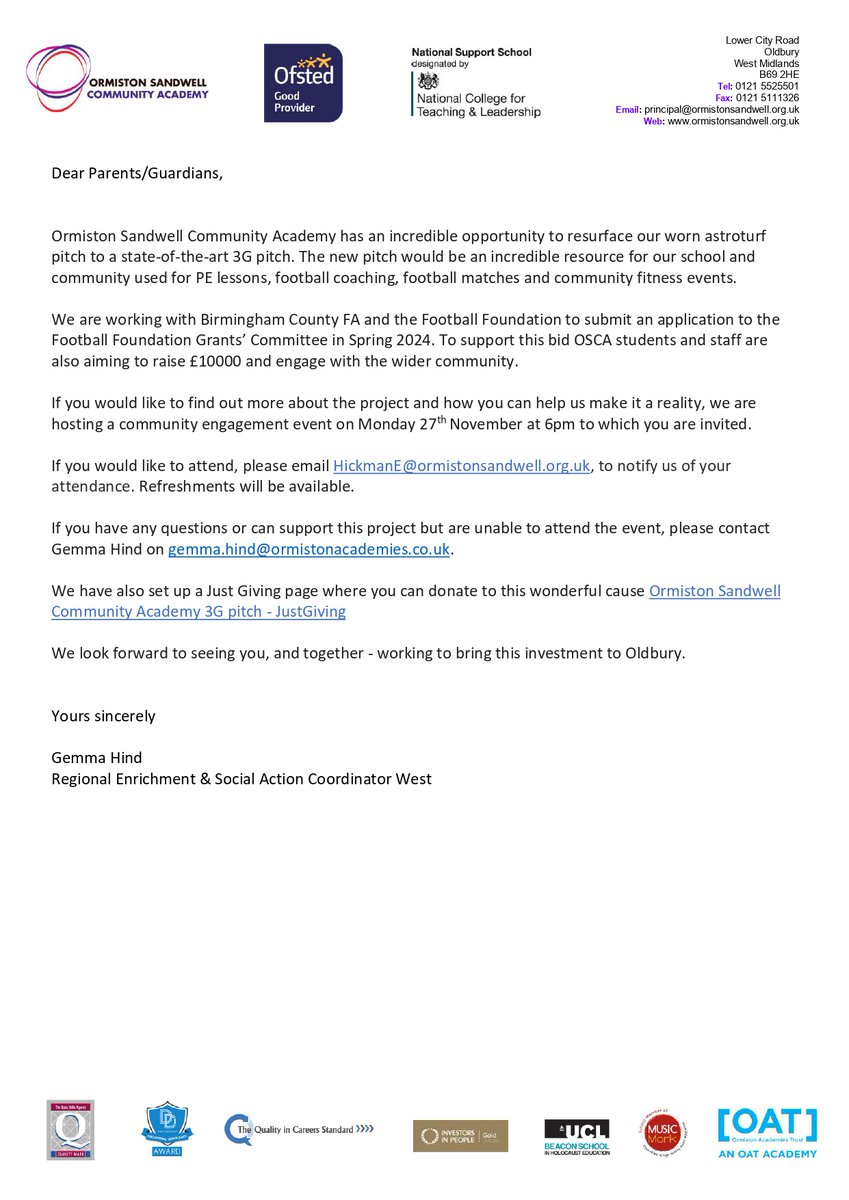 Ormiston Sandwell (@oscatweets) on Twitter photo Please see below for information regarding an exciting opportunity coming to OSCA. Parents and guardians have been emailed a copy of this, and don't forget, if you would like to attend the event to please email HickmanE@ormistonsandwell.org.uk. Let's get OSCA a new pitch!⚽️ Please see below for information regarding an exciting opportunity coming to OSCA. Parents and guardians have been emailed a copy of this, and don't forget, if you would like to attend the event to please email HickmanE@ormistonsandwell.org.uk. Let's get OSCA a new pitch!⚽️